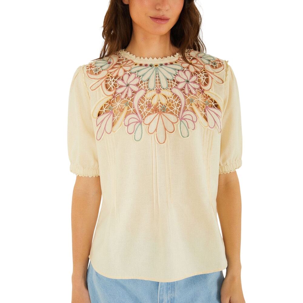 FARM RIO Beige Flower Embroidery Short Sleeve Blouse Size Large MSRP $248 SOO